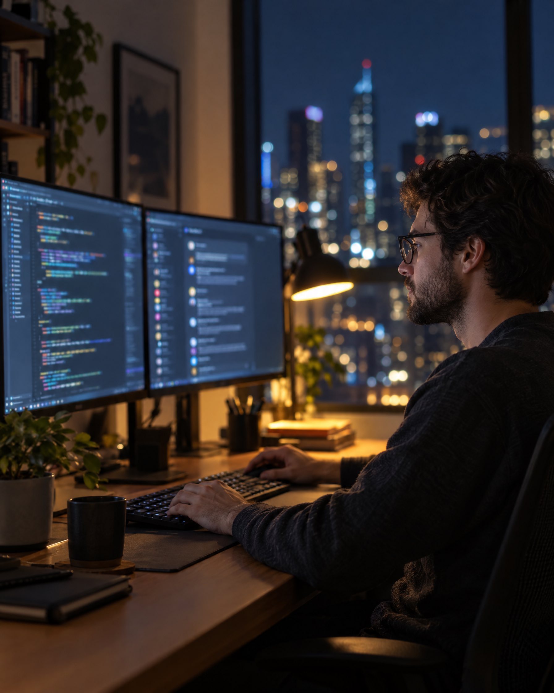 A developer working with an AI assistant at night
