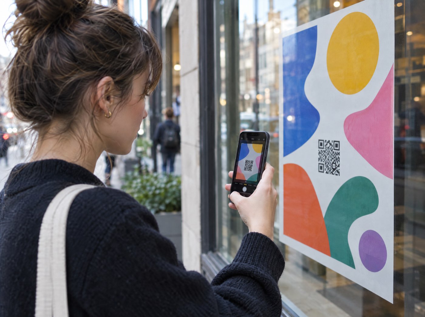 A shopper opening a game from a poster in a shop window