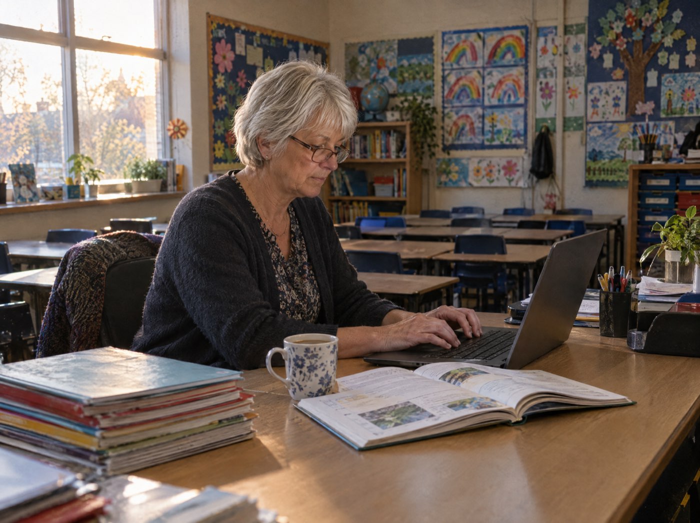 A teacher preparing a lesson after school
