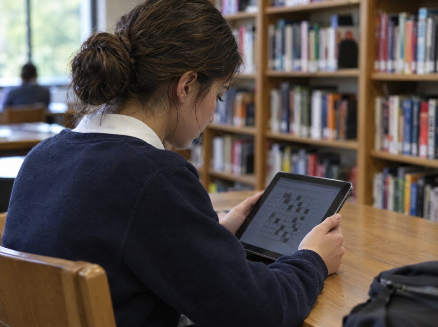 A student working through a word puzzle in the library