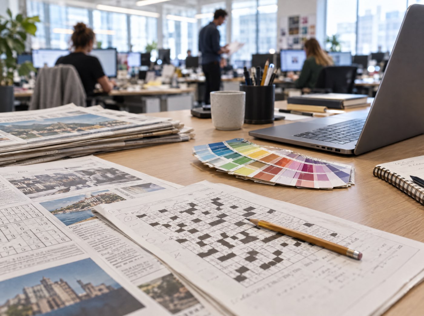 An editor’s desk with puzzle proofs and color swatches
