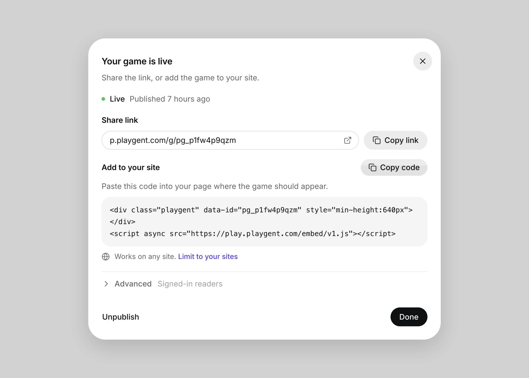 A published game with its link